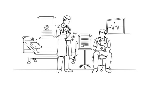 Continuous line doctors taking notes hospital medical teamwork vector illustration isolated on white background