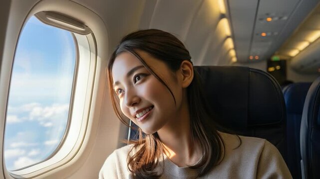 雲海を眺めながら空の旅を穏やかに楽しむ表情豊かな女性