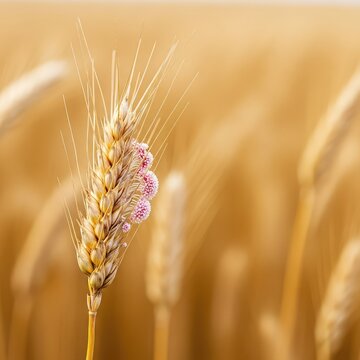 Close up view of wheat head infected with fusarium blight showing bleached spikelets and fungal growth on a golden grain ear in the field, disease, yellow, ear