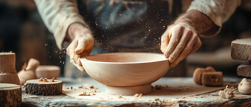 Handmade natural wood bowl creation process showcases craftsmanship and artistry. artisan hands skillfully shape bowl, surrounded by wood shavings