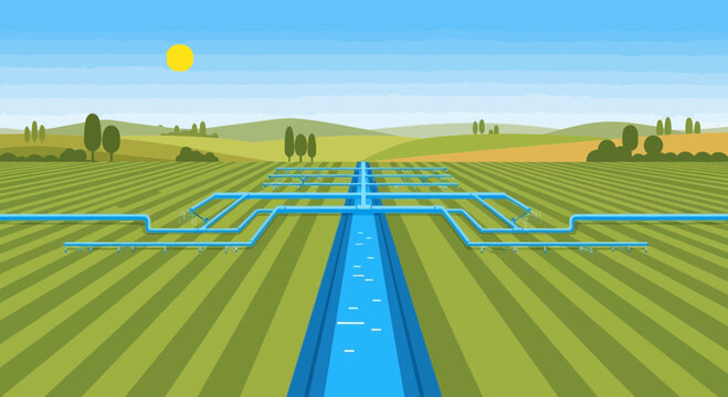 Irrigation System on Agricultural Field, Water Supply for Crops, Sunny Day