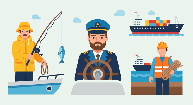 Maritime Professions: Fisherman, Captain, and Dockworker Illustration