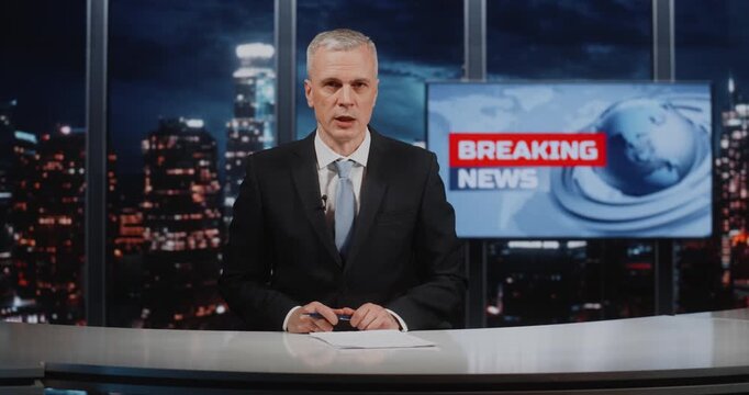 Focused Mature Man Reporter Sitting at Desk, Talking and Looking at Camera During Live Broadcast in Studio With World Map Screen and City Backdrop. Concept of Media Industry, Dynamic Studio Reporting.