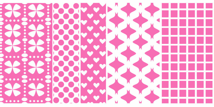 Repeating pink patterns featuring flowers hearts diamonds and squares