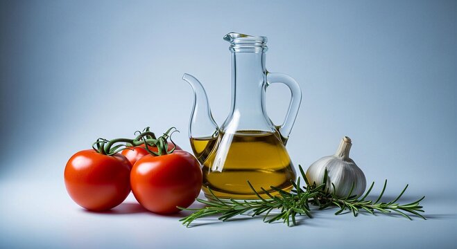 Still life composition featuring olive oil tomatoes garlic and rosemary sprigs