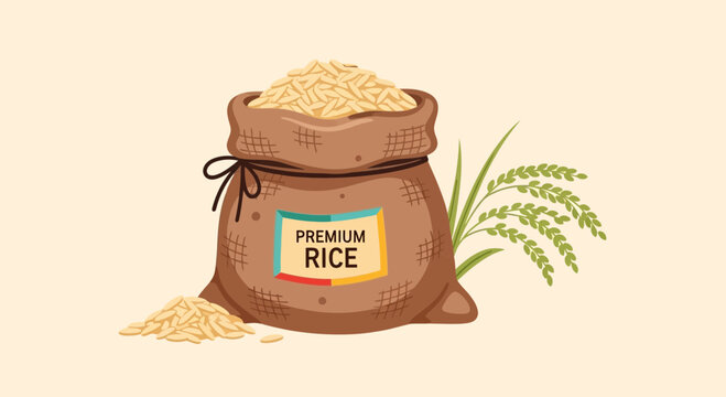 Premium Rice Bag with Spikes, Healthy Food Ingredient, Grain Staple