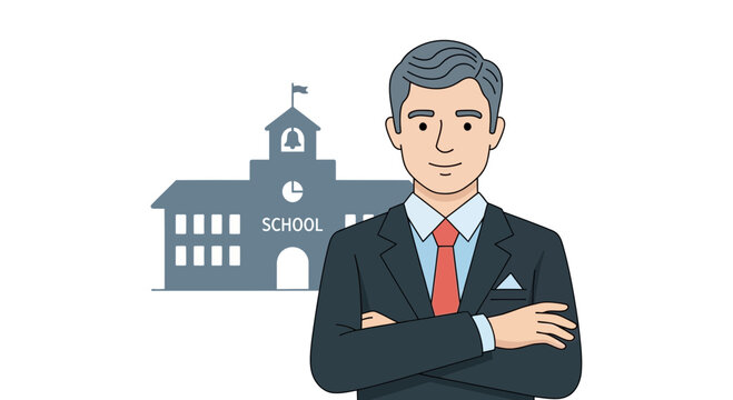 School Principal Standing Confidently with School Building