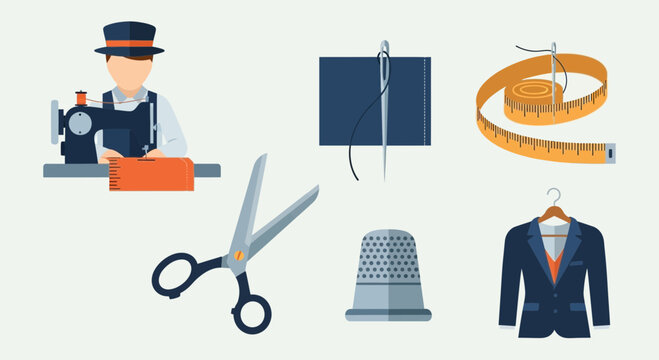 Tailor Sewing Machine, Scissors, Thimble, Needle, Measuring Tape, Suit Icons