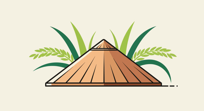 Traditional Asian conical hat and rice stalks, illustration