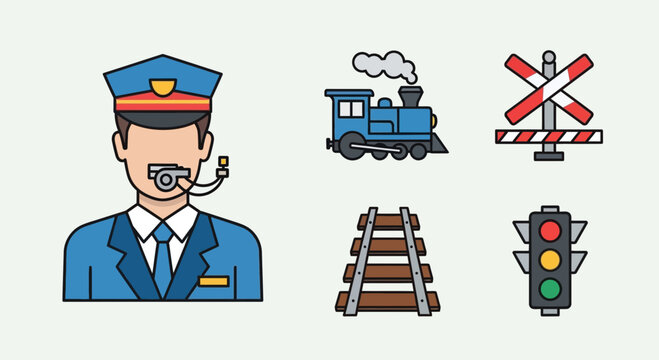 Train Conductor, Steam Engine, Railway Crossing, Tracks, Traffic Light Icons