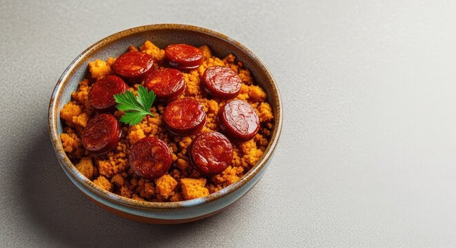 Traditional rustic dish of fried breadcrumbs seasoned with garlic and smoked paprika, topped with spicy saut&eacute;ed sausage in a ceramic bowl, savory, sausage, breakfast
