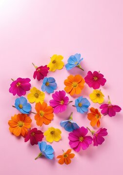 Una splendida composizione di fiori multicolori sparsi in modo casuale su una superficie rosa pastello, catturata con una vista dall'alto, bloom, petals, summer
