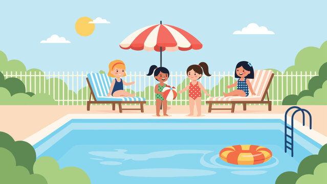 Group of young girls plays with a ball by a sunny swimming pool with lounge chairs and a garden fence in the background.
