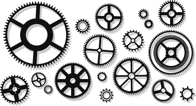 gears, cogs, mechanism, machine, engineering, industrial, technology, wheel, system, rotation, metal, mechanical, black, vector, illustration, design, set, machinery, process, flat