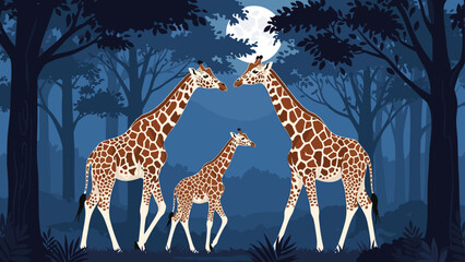 Obraz premium Majestic giraffe family consisting of two adults and a young calf walk through a dark forest under the light of a glowing full moon at night.