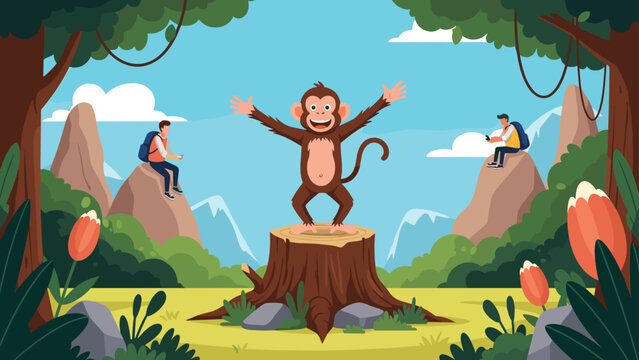 Cheerful cartoon monkey stands on a tree stump while backpackers rest on rocks in a lush tropical jungle environment with mountain views.
