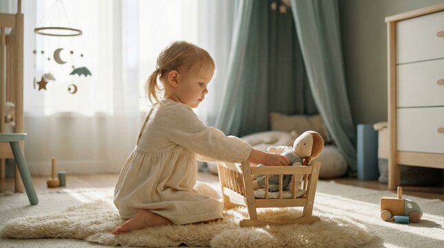 A Child's Playful Sanctuary: A child is immersed in imaginative play within a soft, inviting bedroom. This image speaks to the wonder of childhood, showcasing a cozy space where creativity thrives.