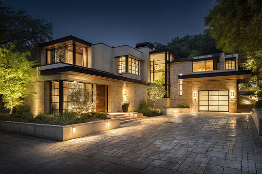 Modern luxury house exterior at night with warm lighting, large windows, stone facade, driveway, and surrounding trees creating serene and elegant atmosphere