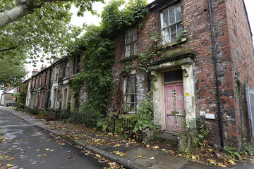 Fototapeta premium Abandoned brick house with overgrown ivy and graffiti on door, located on quiet street with fallen leaves and tree, showing urban decay and neglect in residential area