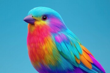 Obraz premium A vibrant, multicolored bird with striking blue, pink, orange, and yellow feathers against a solid blue background.