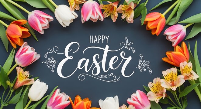 Happy easter beautiful floral arrangement with 'easter' calligraphy spring celebration