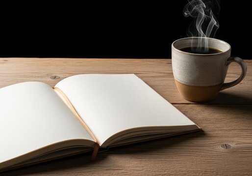 A peaceful morning scene featuring an open blank journal and a ceramic mug of coffee on a wooden table, capturing a sabbatical reflection, table, slow living, simplicity