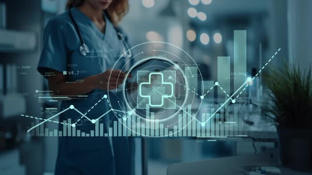 Nurse using tablet as a medical icon and rising graph appear, representing healthcare growth, patient data analysis, digital health systems and modern medical performance.