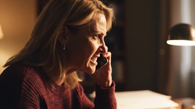 A middle-aged woman expresses frustration and anger while speaking on a mobile phone in a dimly lit room, gesturing emphatically with her hand