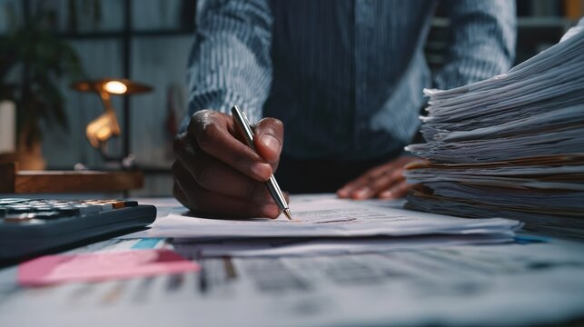 Signing business paperwork with stack of documents on desk