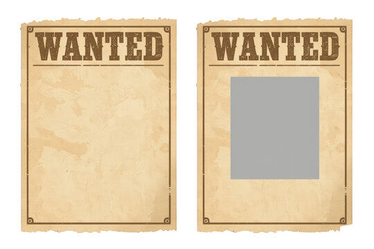 Wanted poster template with aged paper texture, western style and blank space for mugshot illustration, transparent background