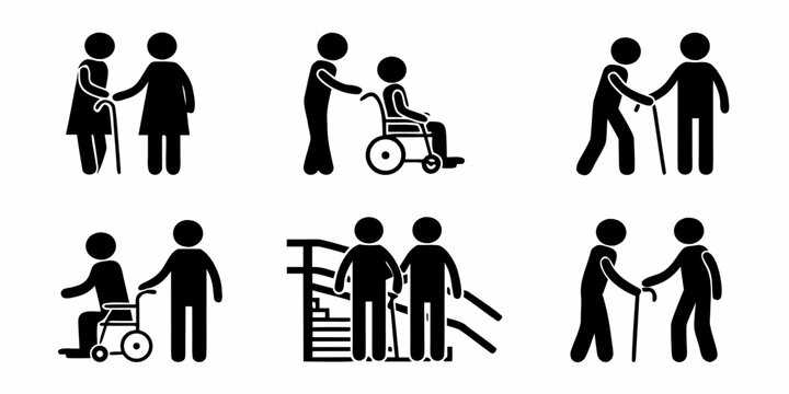 Stick figure icons depicting people with disabilities and assistance