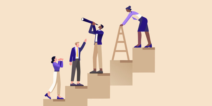 Teamwork and ambition people ascending steps towards a shared future vision
