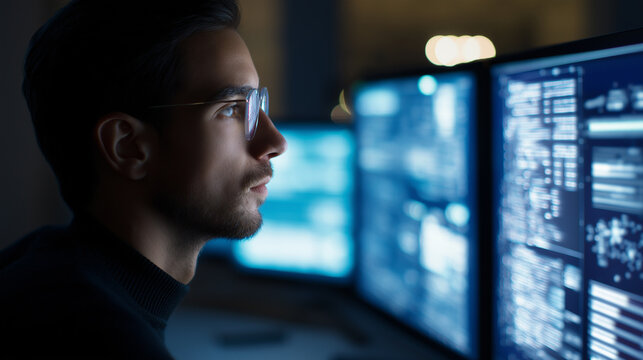 Focused programmer with glasses analyzing code on screens, symbolizing software development, cybersecurity and technology work.