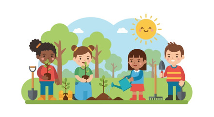 Naklejka premium Children planting trees and watering seedlings in park flat vector illustration environmental care and gardening concept