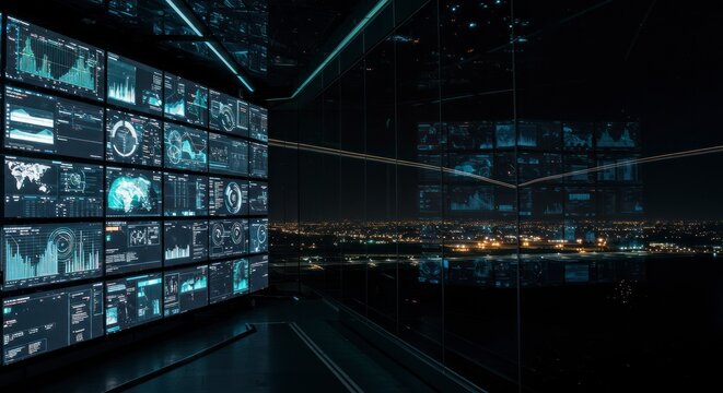 Data monitoring room with digital displays overlooking city lights
