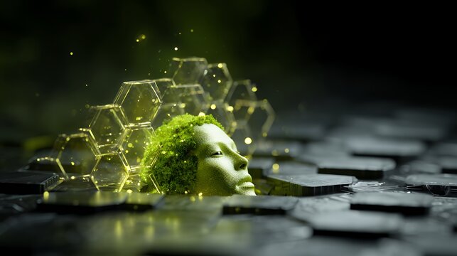 Alien head covered in moss emerging from hexagonal structures