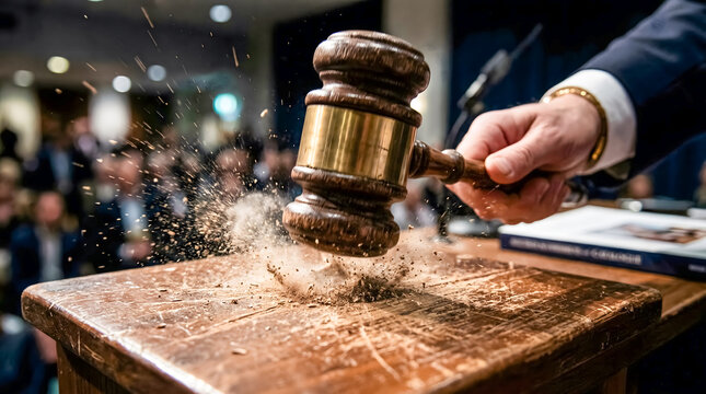 Auctioneer's gavel slams down firmly, finalizing a significant sale with.