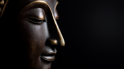 Obraz premium Close-up profile of Buddha statue in dark background, symbolizing meditation, spirituality and inner peace.