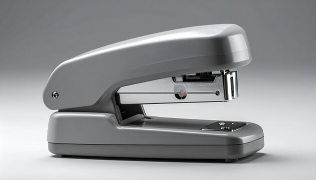 Gray metal office stapler on surface.