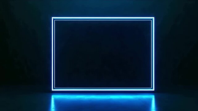 Futuristic 3D illustration of a glowing rectangular frame with neon blue edges set against a dark background creating a modern and sleek visual space