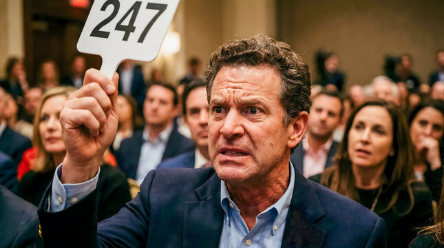 Determined man firmly raises his numbered bid paddle, actively participating in.