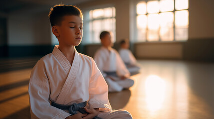 Obraz premium Young martial artist meditating in dojo during training, symbolizing focus and discipline.