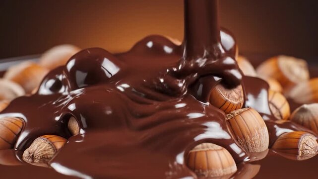 Rich, melted chocolate is poured over a pile of whole, unprocessed hazelnuts, creating a decadent dessert ingredient