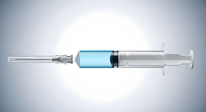 A syringe with a blue liquid on a white background