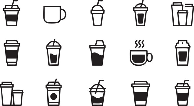 Coffee and beverage icon pack with mugs cups and takeaway containers for UI design