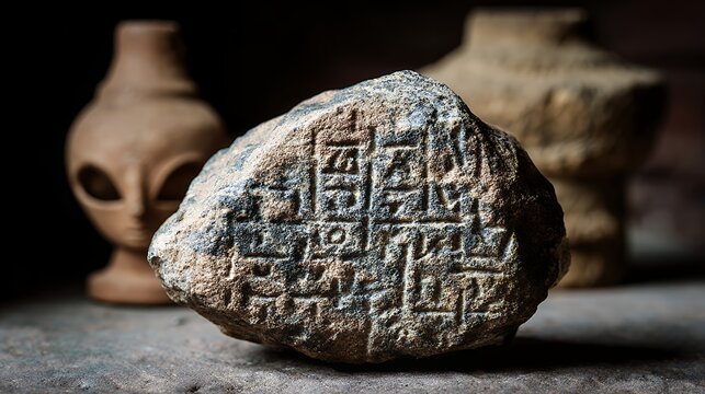 Ancient stone artifact with intricate carved inscription detail