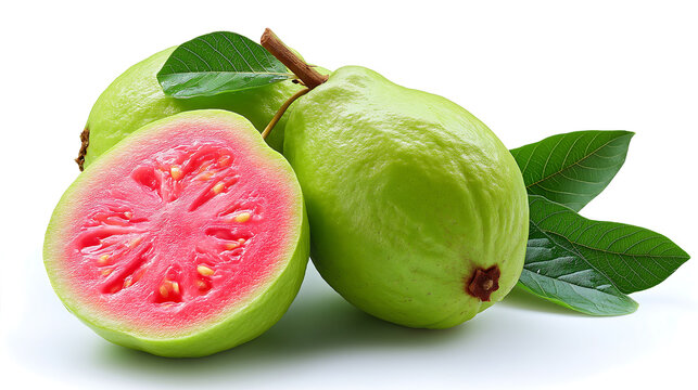 Fresh, vibrant pink guavas with green skin and lush leaves. One is sliced open to reveal the beautiful seeded interior. A refreshing and healthy tropical fruit