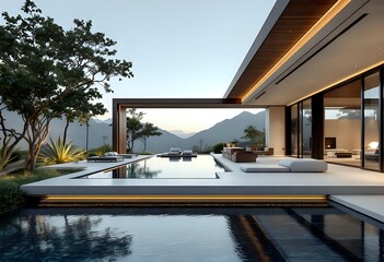 Fototapeta premium Infinity Edge Pool Deck, Dark Smoked Walnut Timber Frame, Floor-To-Ceiling Struc
