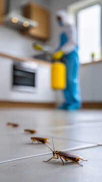 German cockroaches on kitchen floor with pest control worker in background representing infestation problem and household hygiene risk