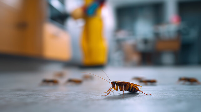German cockroaches on kitchen floor with pest control worker in background representing infestation problem and household hygiene risk